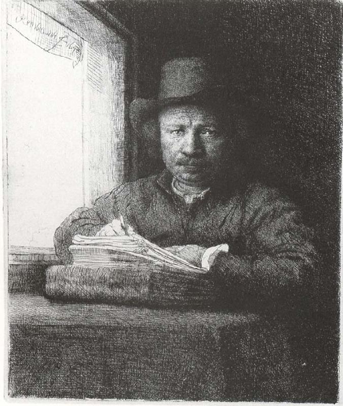 Rembrandt van rijn Self-Portrait Drawing at a window oil painting image